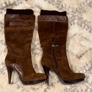 Guess, dark brown suede heeled boots size 8.5